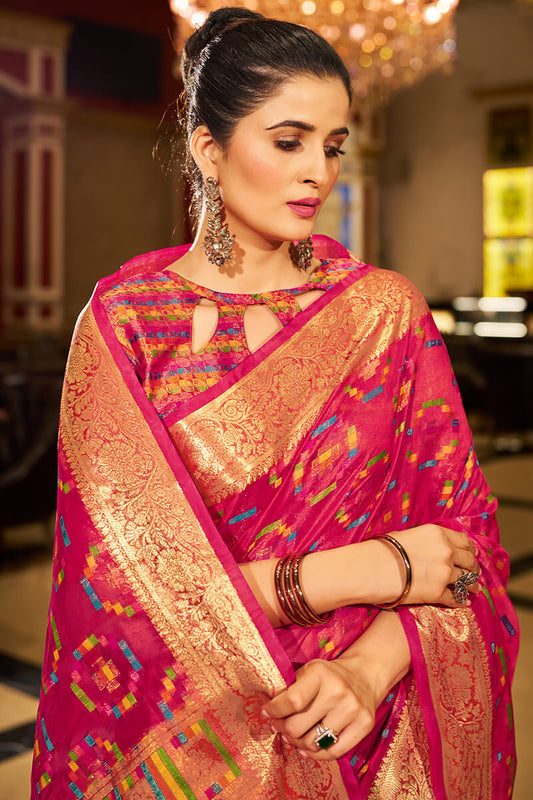 Elaborate Dark Pink Organza Silk Saree With Enticing Blouse Piece