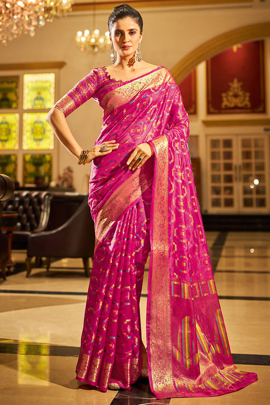 Palimpsest Magenta Organza Silk Saree With Resonant Blouse Piece