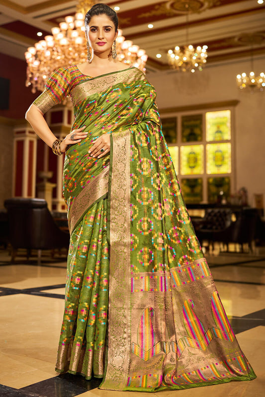 Majesty Mehndi Organza Silk Saree With Epiphany Blouse Piece