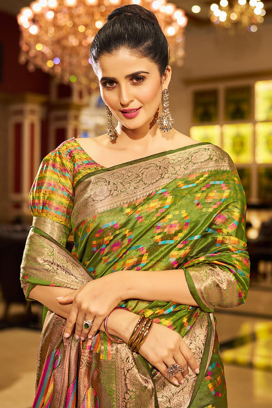 Majesty Mehndi Organza Silk Saree With Epiphany Blouse Piece