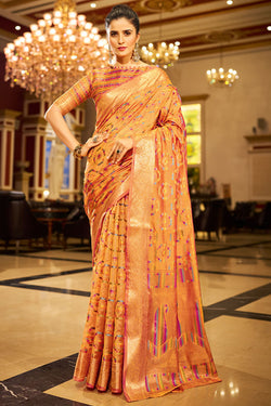 Diaphanous Orange Organza Silk Saree With Opulent Blouse Piece