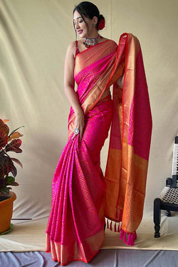 Stylish Dark Pink Patola Silk Saree with Inspiring Blouse Piece