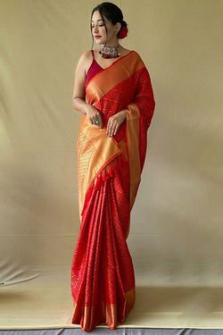 Piquant Red Patola Silk Saree with Glorious Blouse Piece