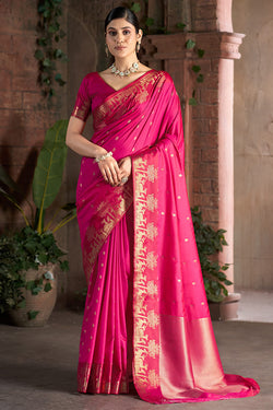 Tremendous Dark Pink Pure Zari Weaving Banarasi Silk Saree With Inimitable Blouse Piece