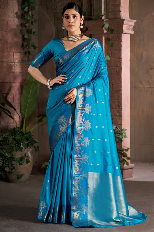 Mesmeric Firozi Pure Zari Weaving Banarasi Silk Saree With Mesmerising Blouse Piece