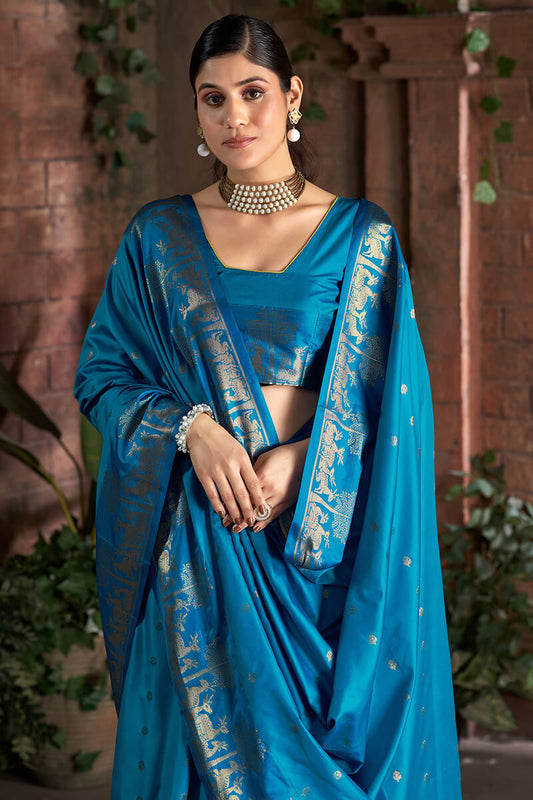Mesmeric Firozi Pure Zari Weaving Banarasi Silk Saree With Mesmerising Blouse Piece