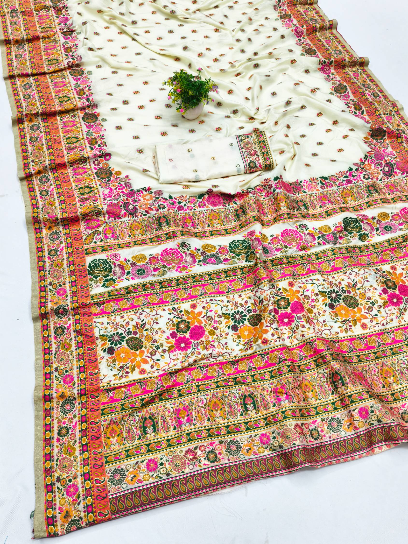 Dulcet Beige Nylon Dola Pashmina Saree With Fancifull Blouse Piece