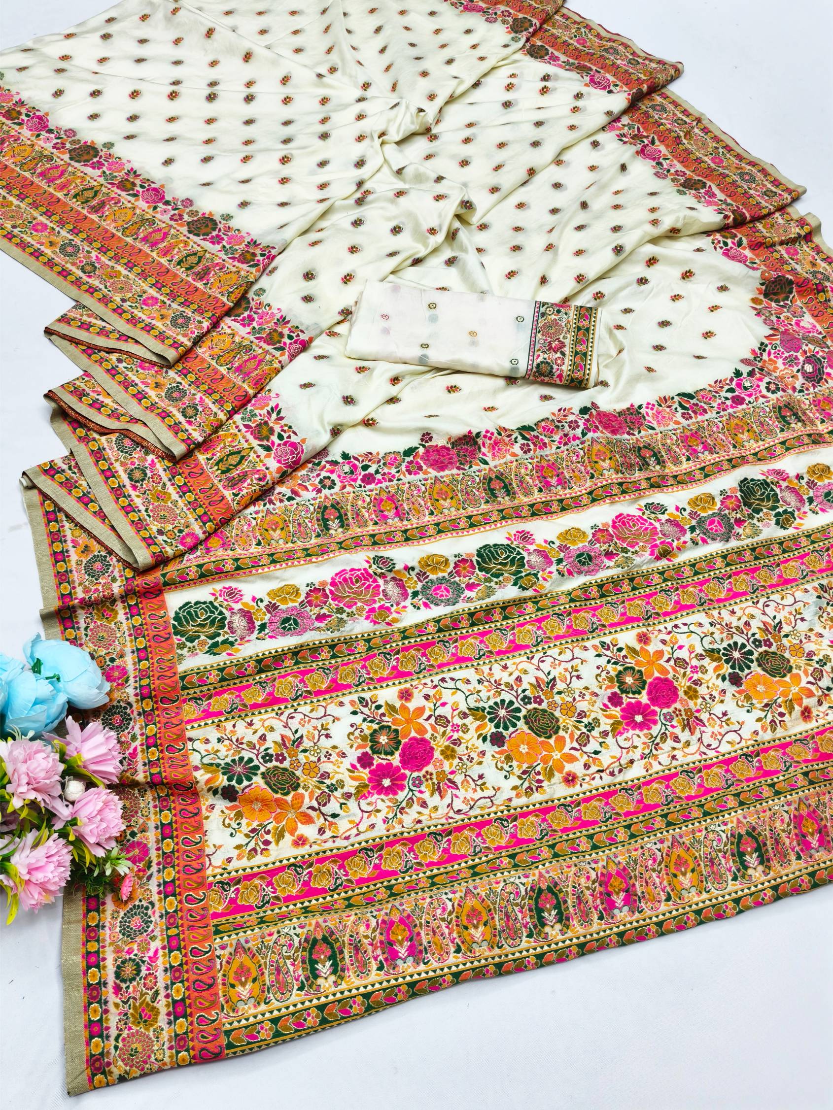 Dulcet Beige Nylon Dola Pashmina Saree With Fancifull Blouse Piece