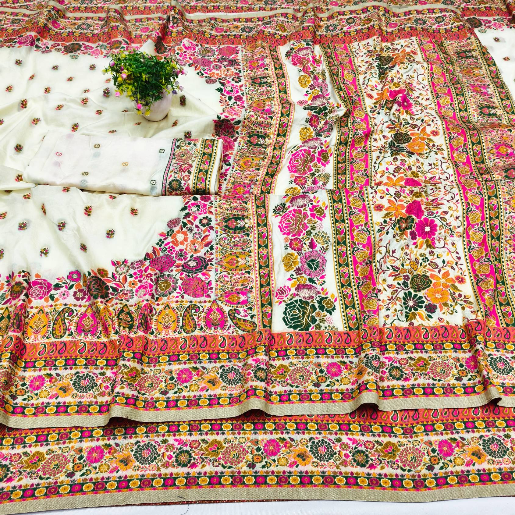 Dulcet Beige Nylon Dola Pashmina Saree With Fancifull Blouse Piece