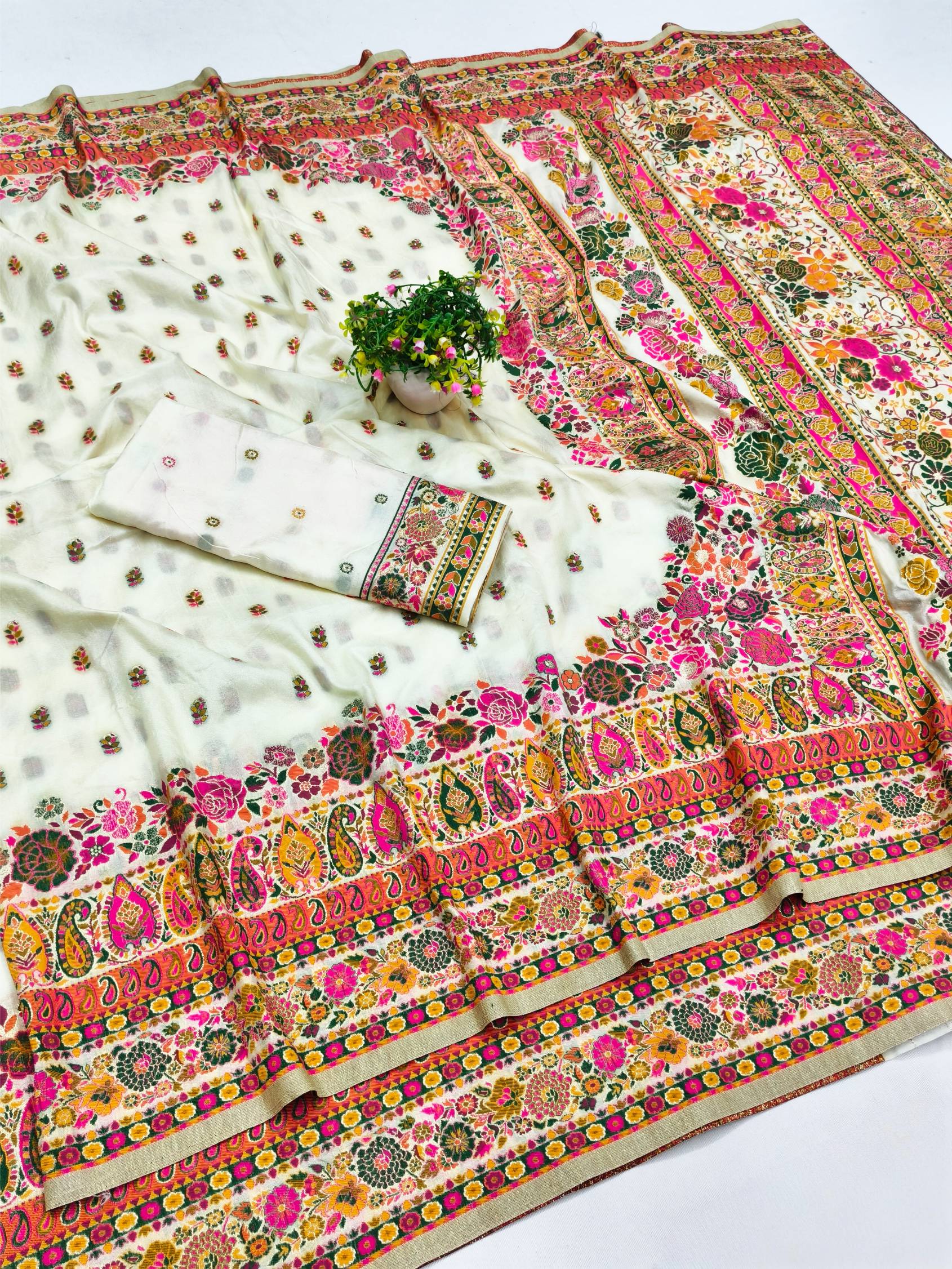 Dulcet Beige Nylon Dola Pashmina Saree With Fancifull Blouse Piece