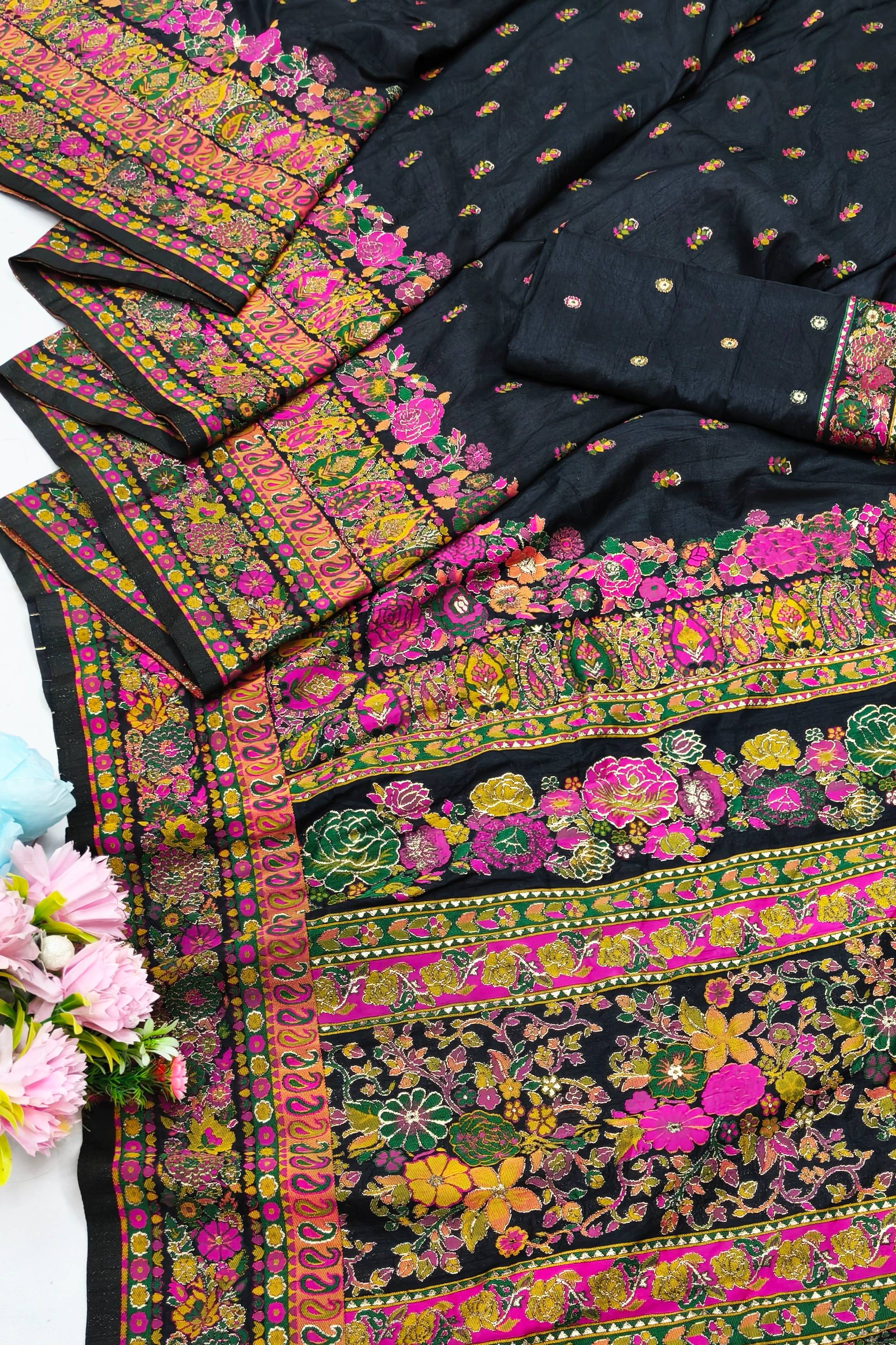 Extraordinary Black Nylon Dola Pashmina Saree With Zephyr Blouse Piece