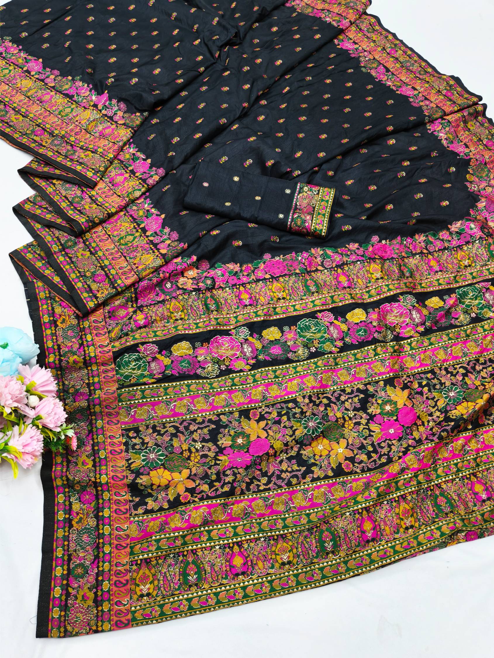 Extraordinary Black Nylon Dola Pashmina Saree With Zephyr Blouse Piece