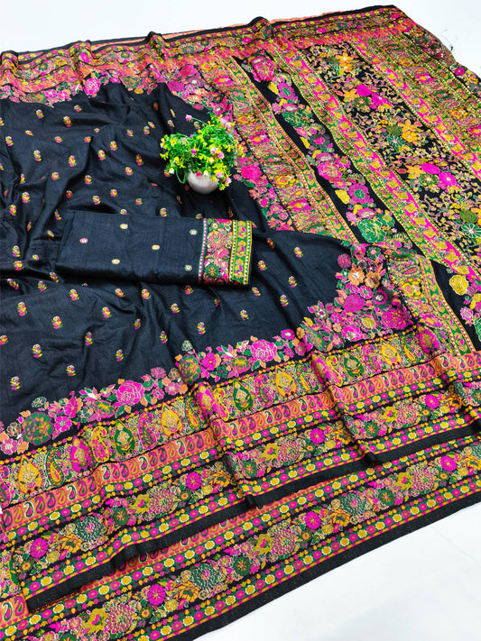 Extraordinary Black Nylon Dola Pashmina Saree With Zephyr Blouse Piece