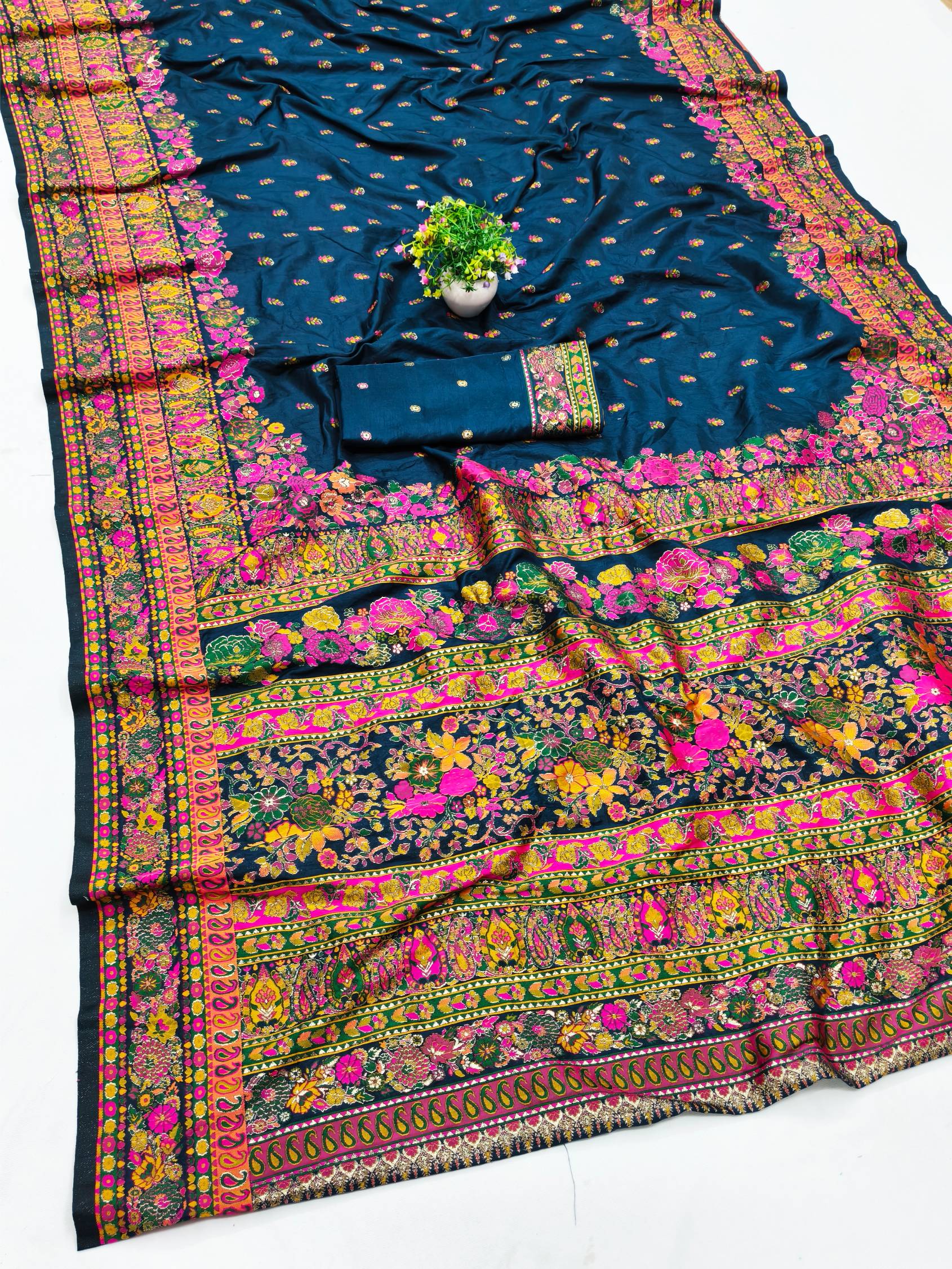 Susurrous Blue Nylon Dola Pashmina Saree With Incredible Blouse Piece