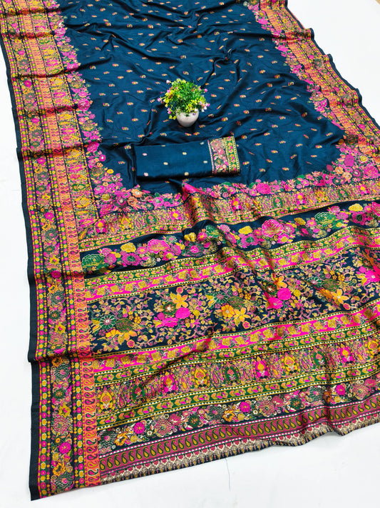 Susurrous Blue Nylon Dola Pashmina Saree With Incredible Blouse Piece