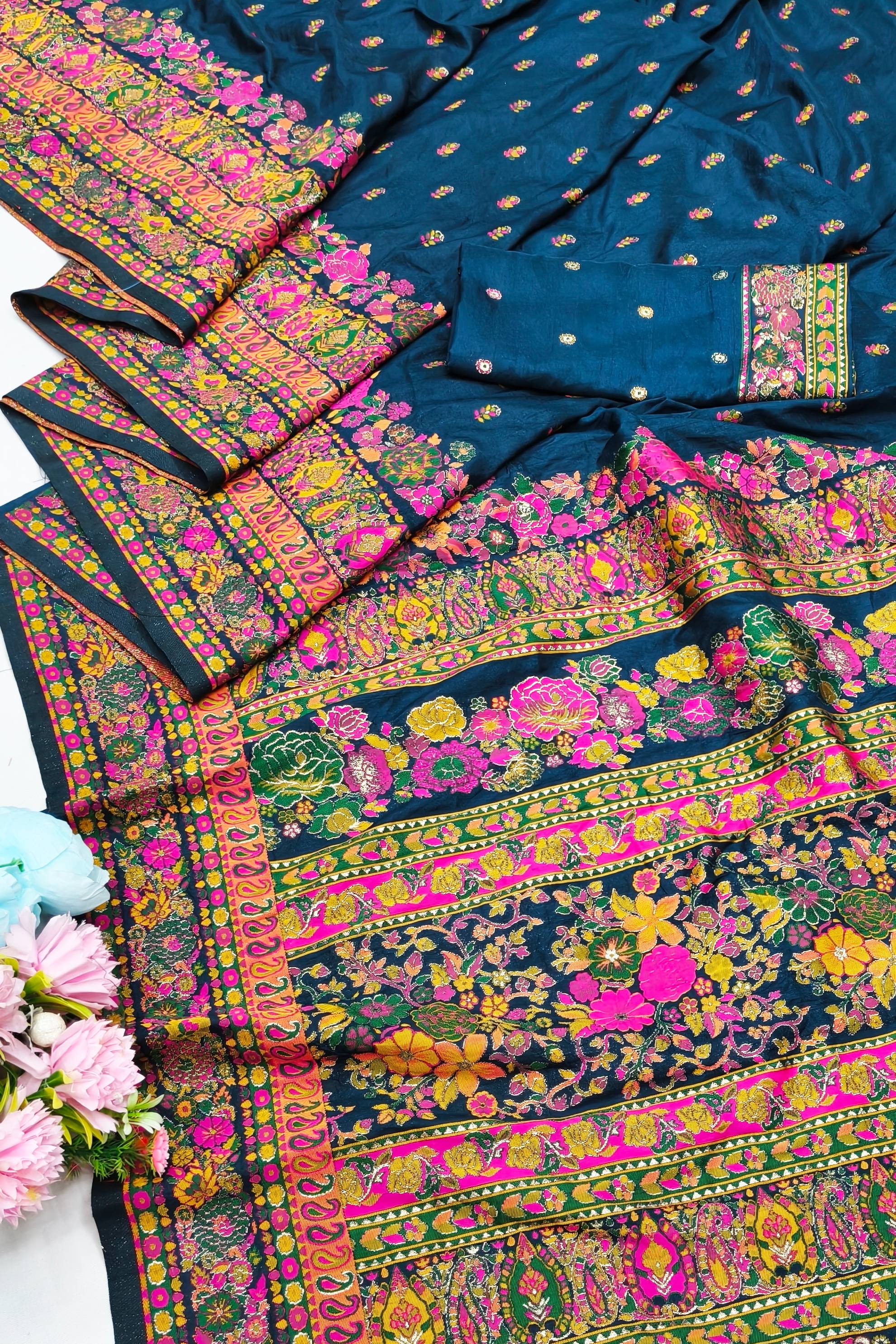 Susurrous Blue Nylon Dola Pashmina Saree With Incredible Blouse Piece