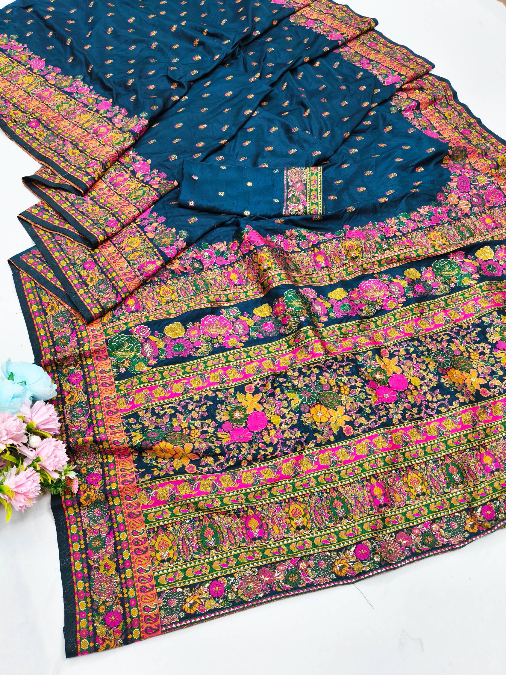 Susurrous Blue Nylon Dola Pashmina Saree With Incredible Blouse Piece