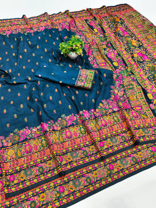 Susurrous Blue Nylon Dola Pashmina Saree With Incredible Blouse Piece