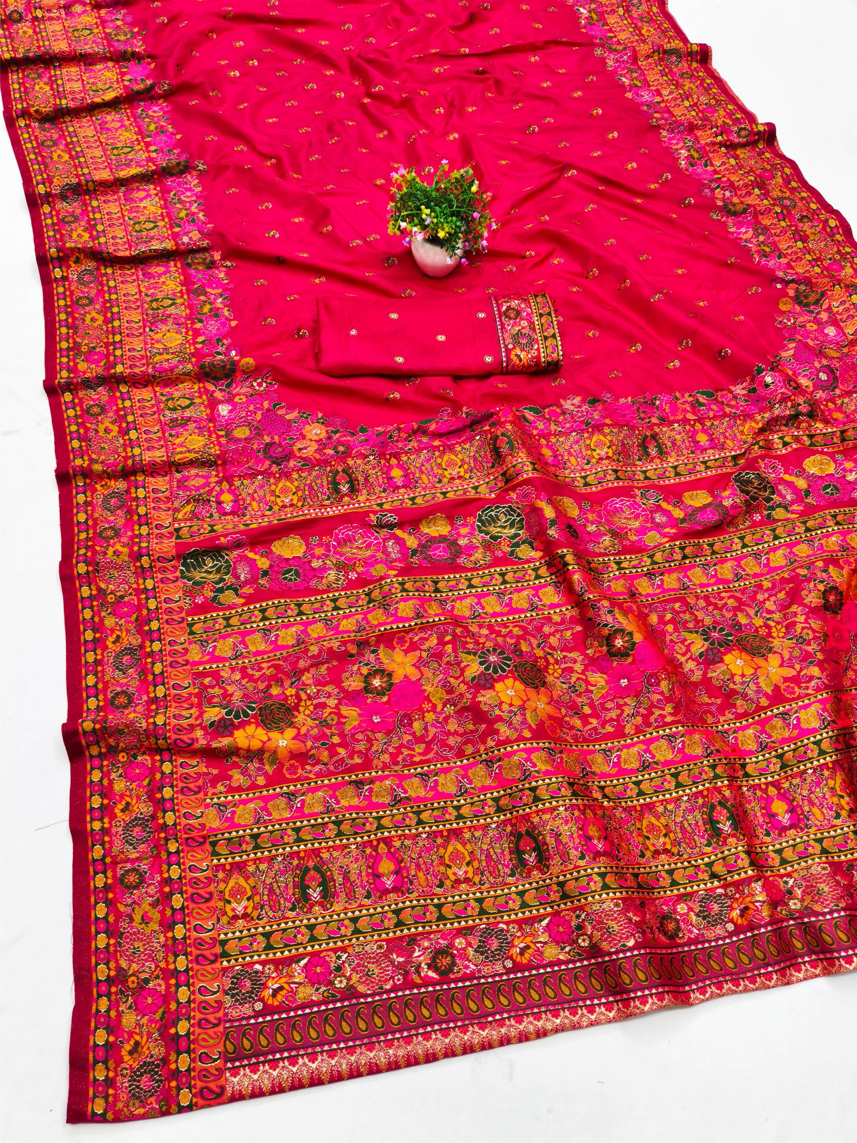 Surreptitious Dark Pink Nylon Dola Pashmina Saree With Efflorescence Blouse Piece