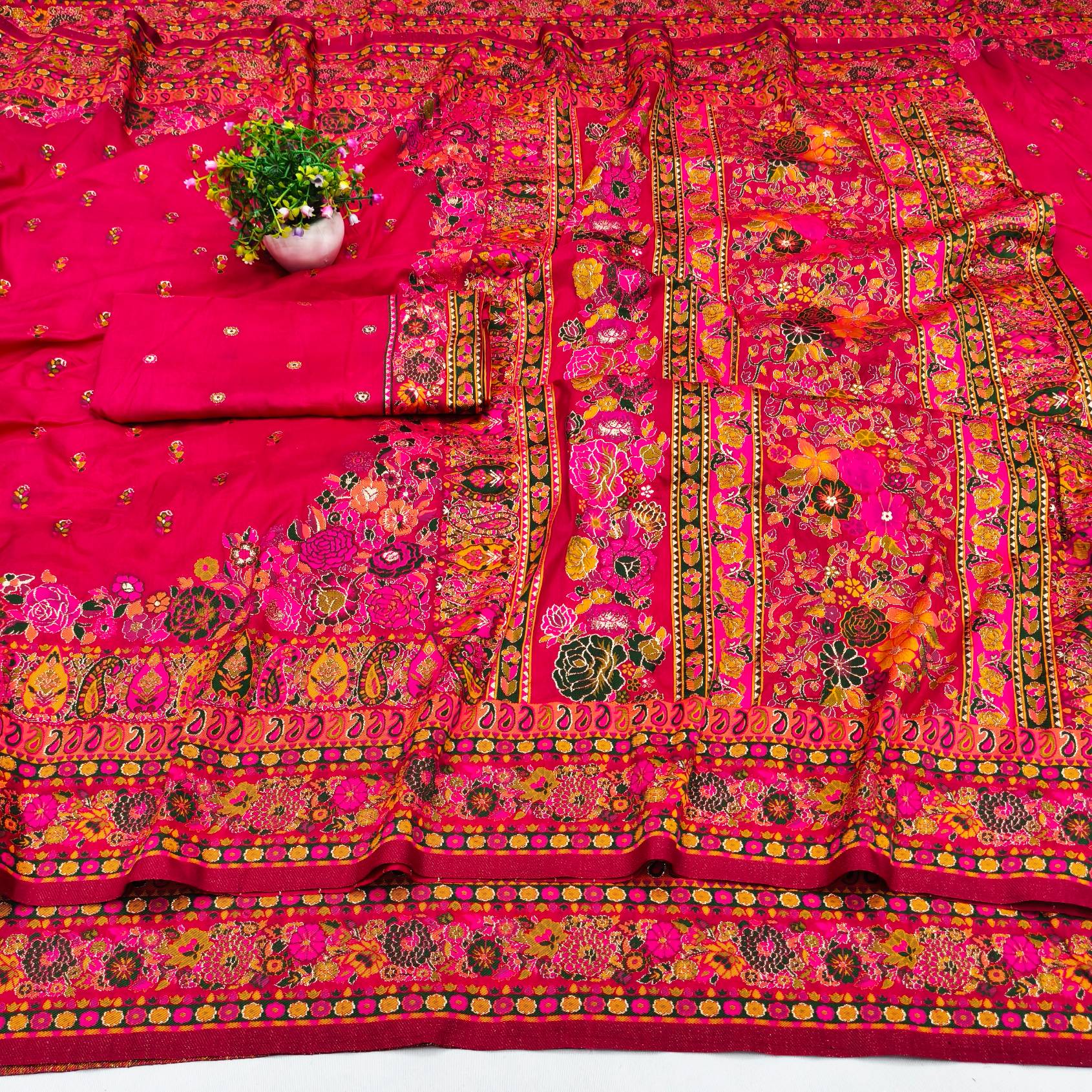 Surreptitious Dark Pink Nylon Dola Pashmina Saree With Efflorescence Blouse Piece