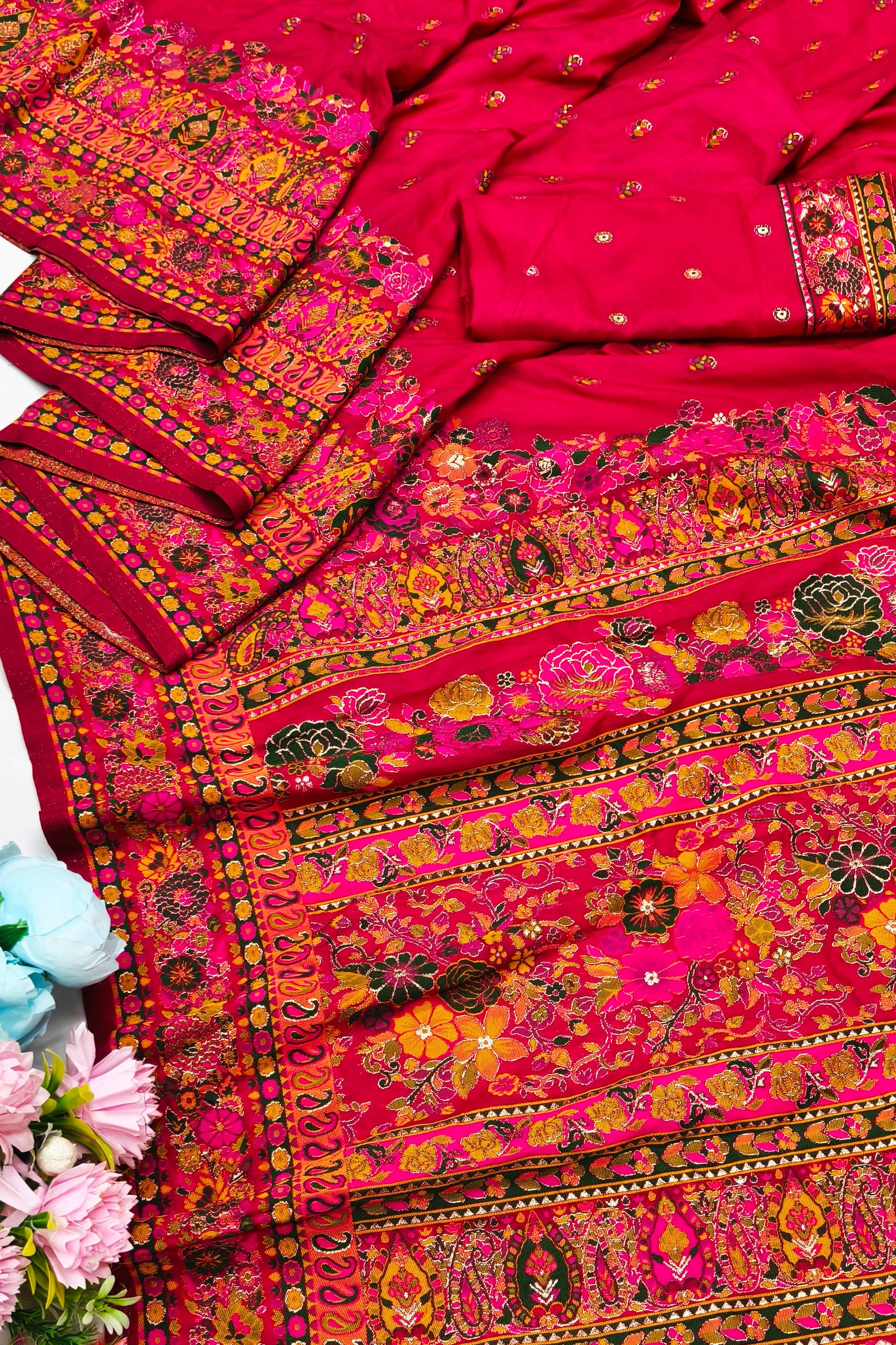 Surreptitious Dark Pink Nylon Dola Pashmina Saree With Efflorescence Blouse Piece