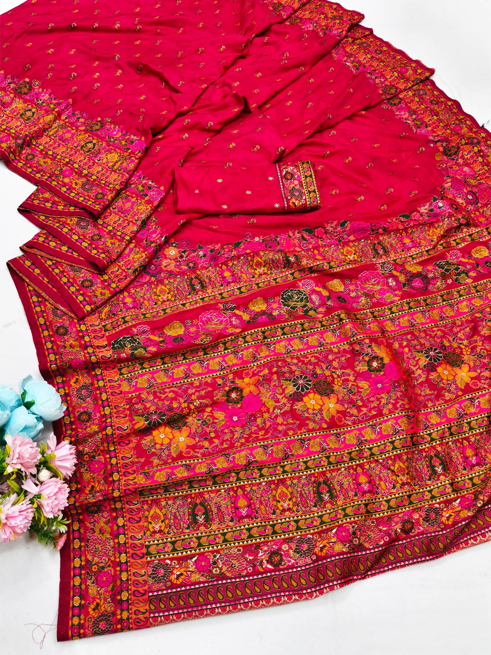 Surreptitious Dark Pink Nylon Dola Pashmina Saree With Efflorescence Blouse Piece