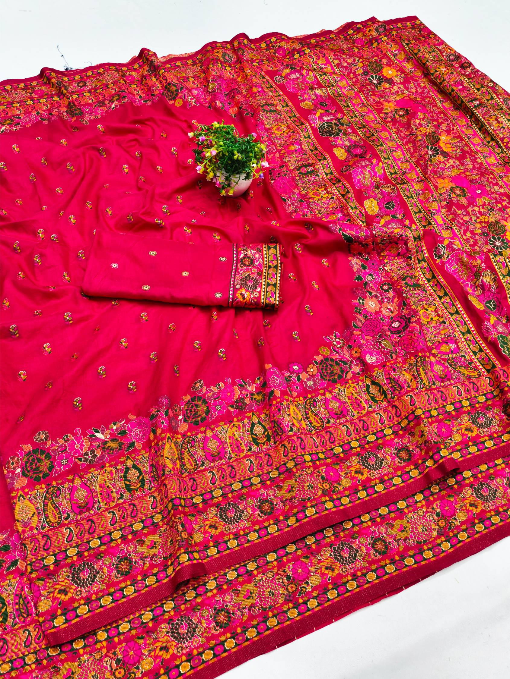 Surreptitious Dark Pink Nylon Dola Pashmina Saree With Efflorescence Blouse Piece