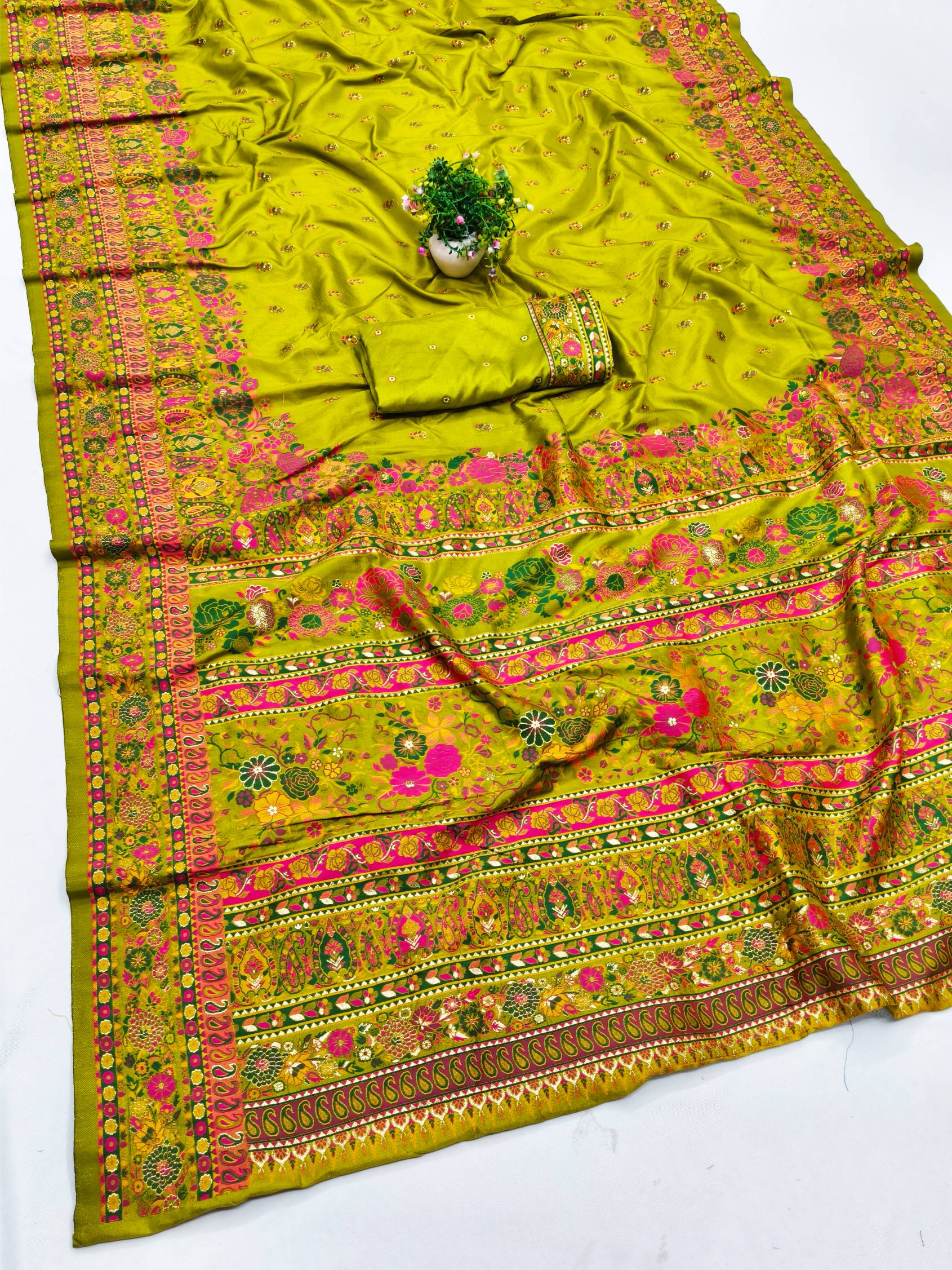 Luminous Mehandi Nylon Dola Pashmina Saree With Demure Blouse Piece