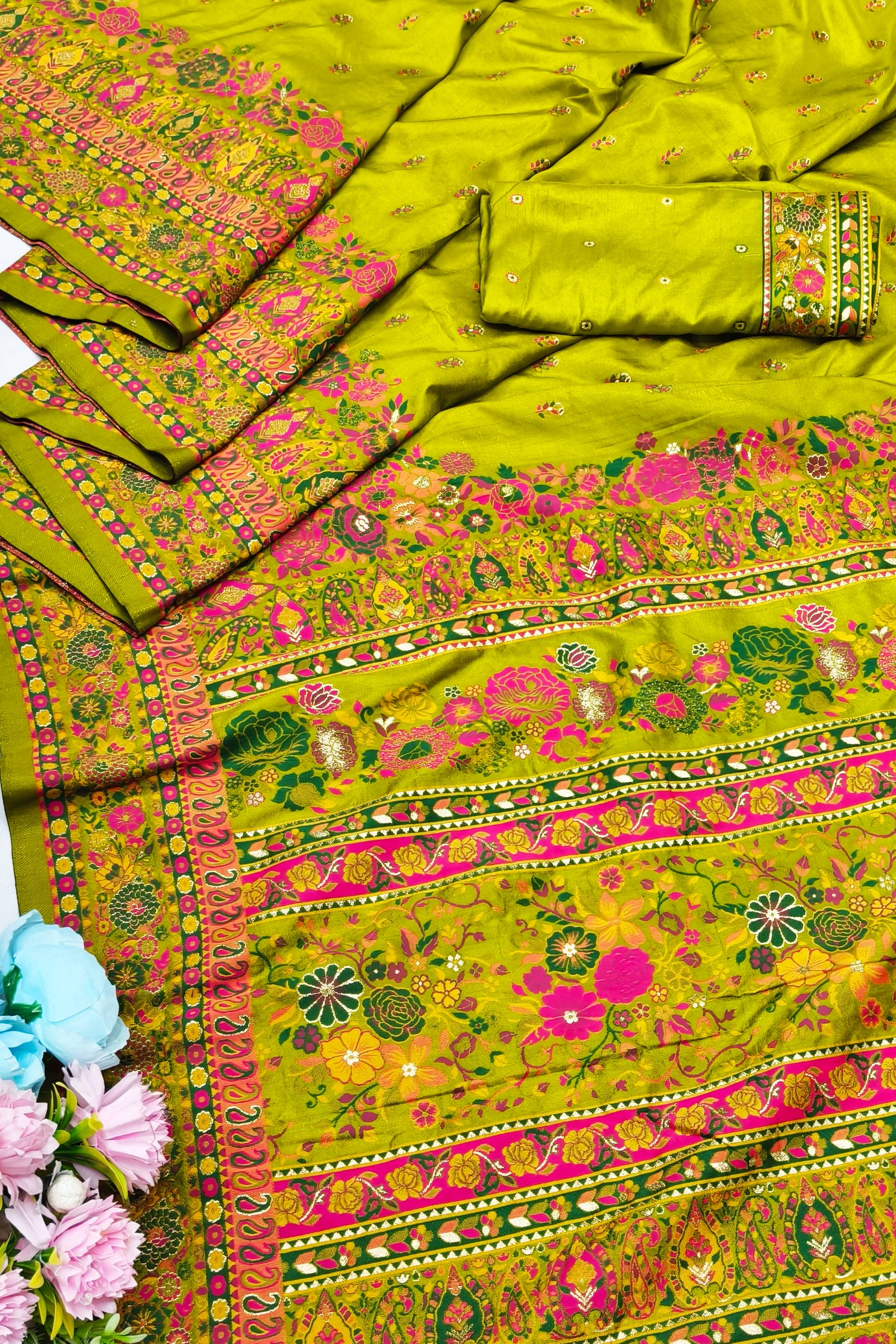 Luminous Mehandi Nylon Dola Pashmina Saree With Demure Blouse Piece