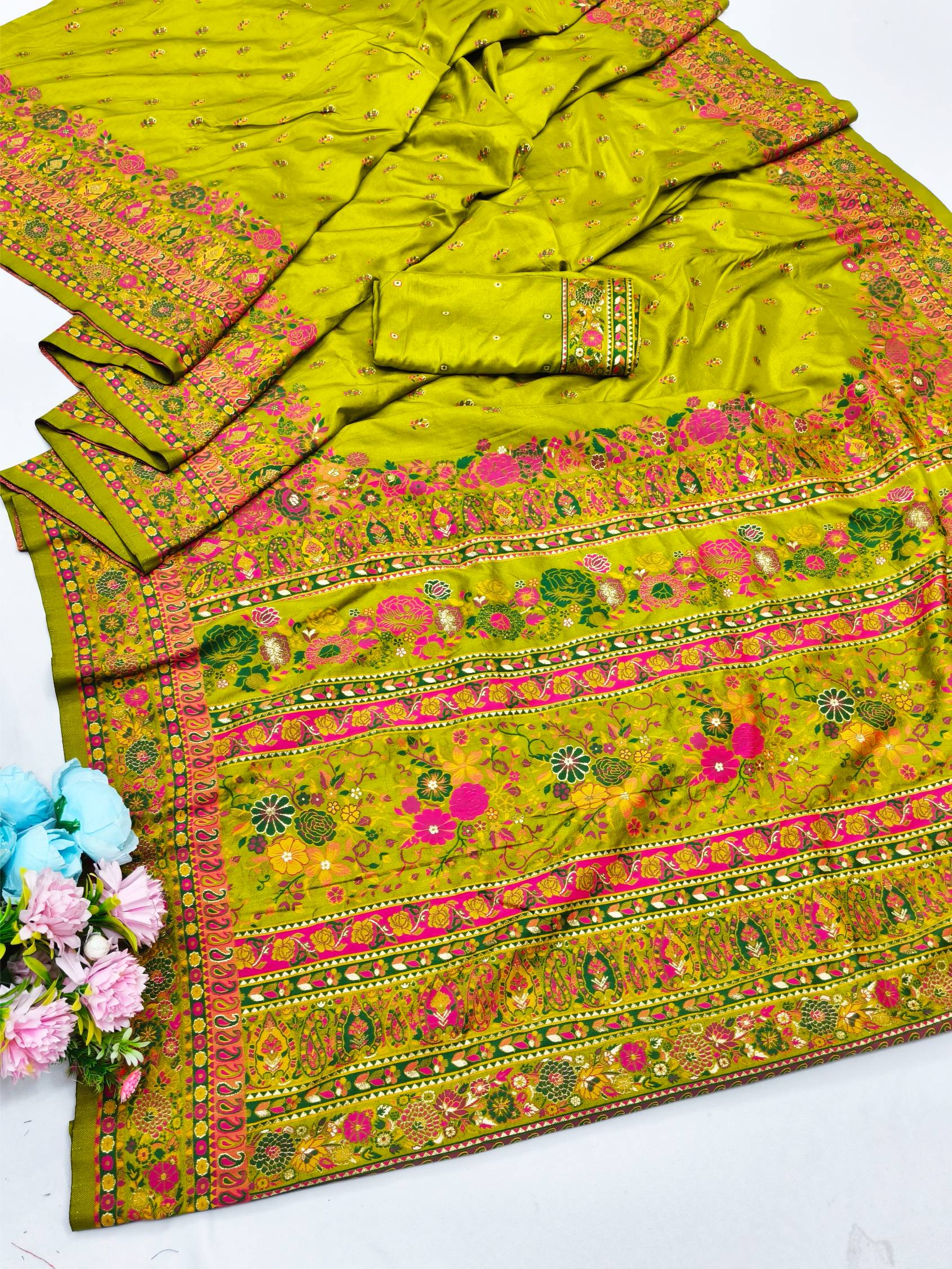 Luminous Mehandi Nylon Dola Pashmina Saree With Demure Blouse Piece