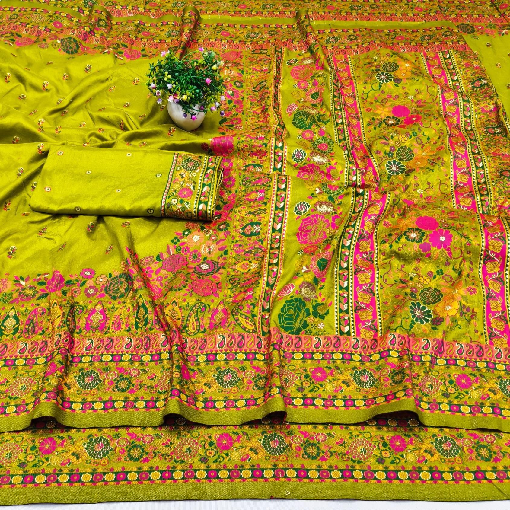 Luminous Mehandi Nylon Dola Pashmina Saree With Demure Blouse Piece