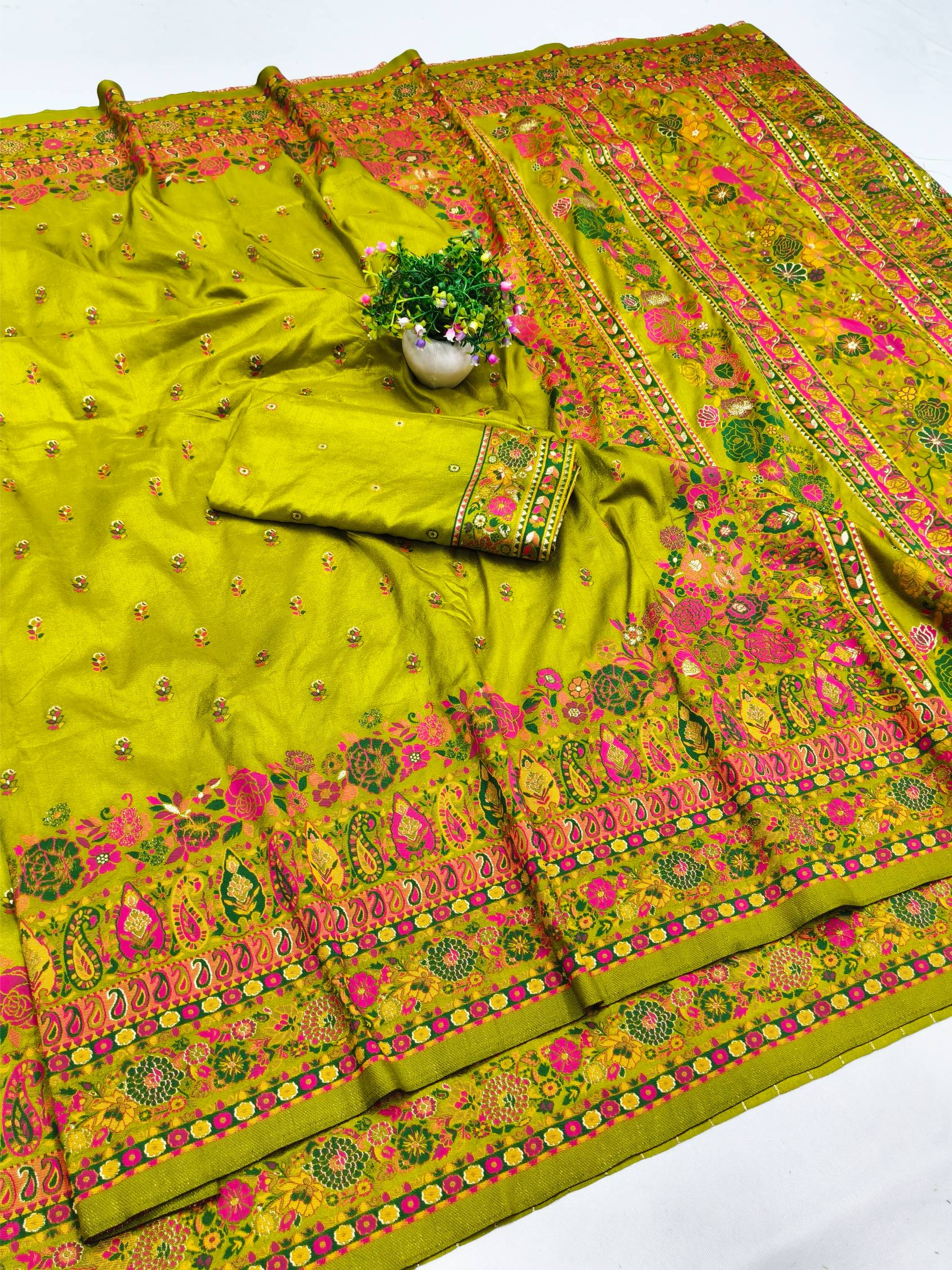 Luminous Mehandi Nylon Dola Pashmina Saree With Demure Blouse Piece