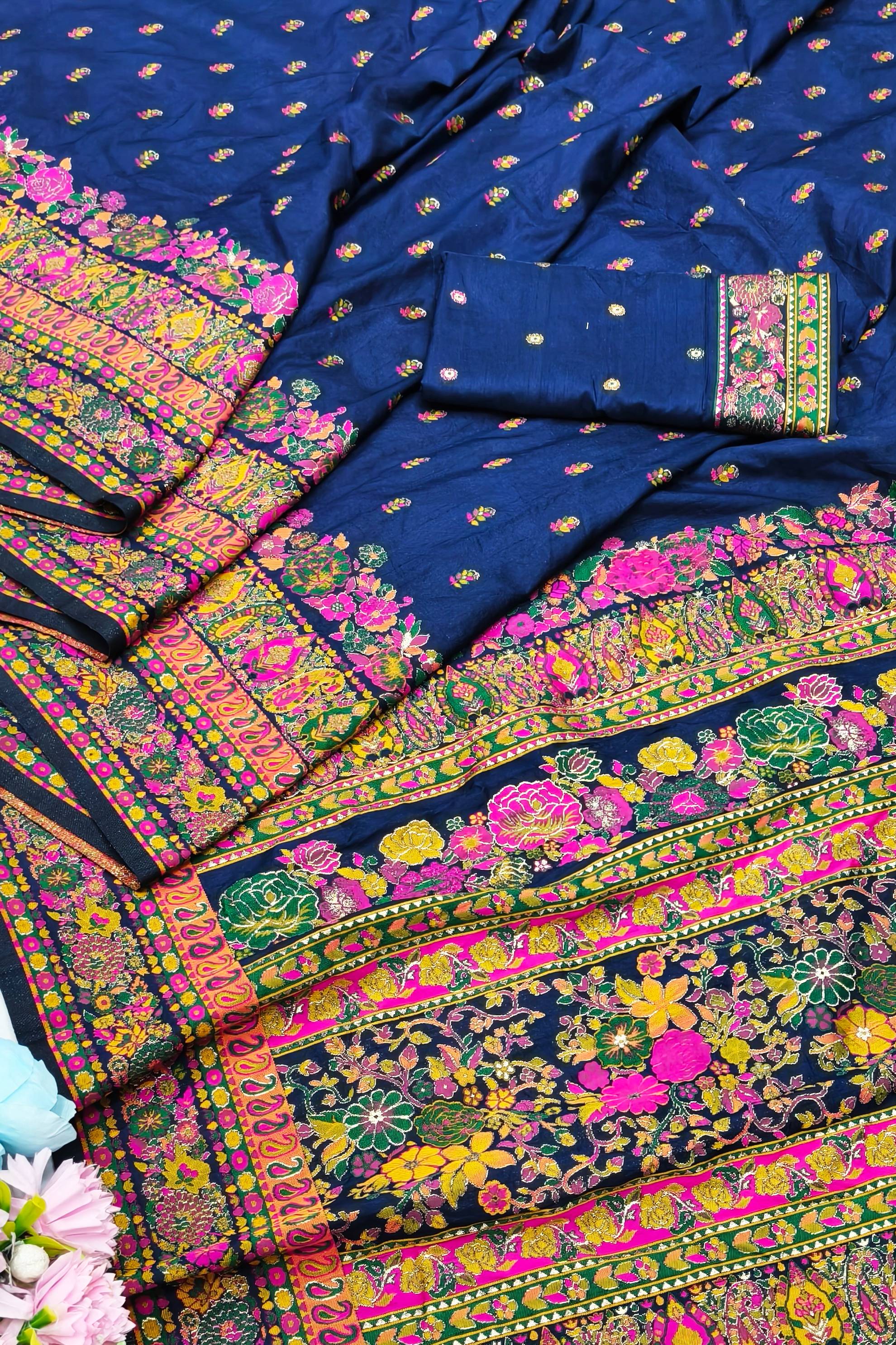 Nebula Navy Blue Nylon Dola Pashmina Saree With Evocative Blouse Piece