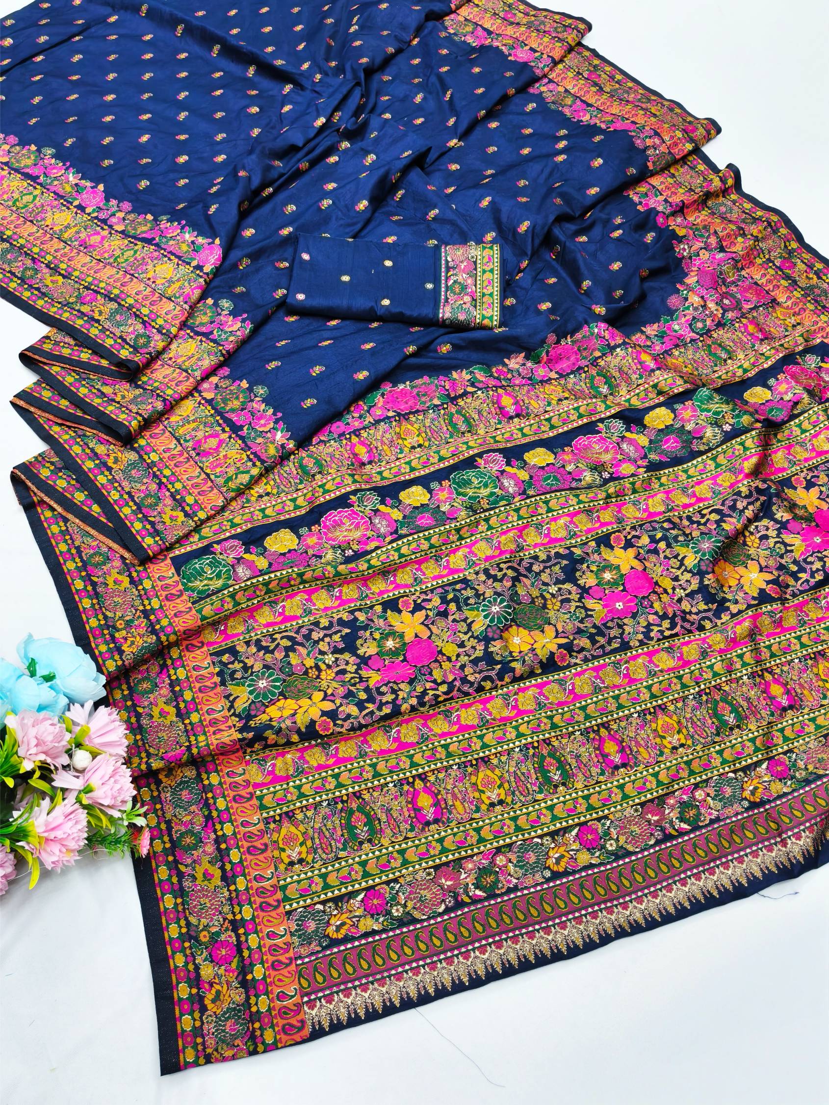 Nebula Navy Blue Nylon Dola Pashmina Saree With Evocative Blouse Piece