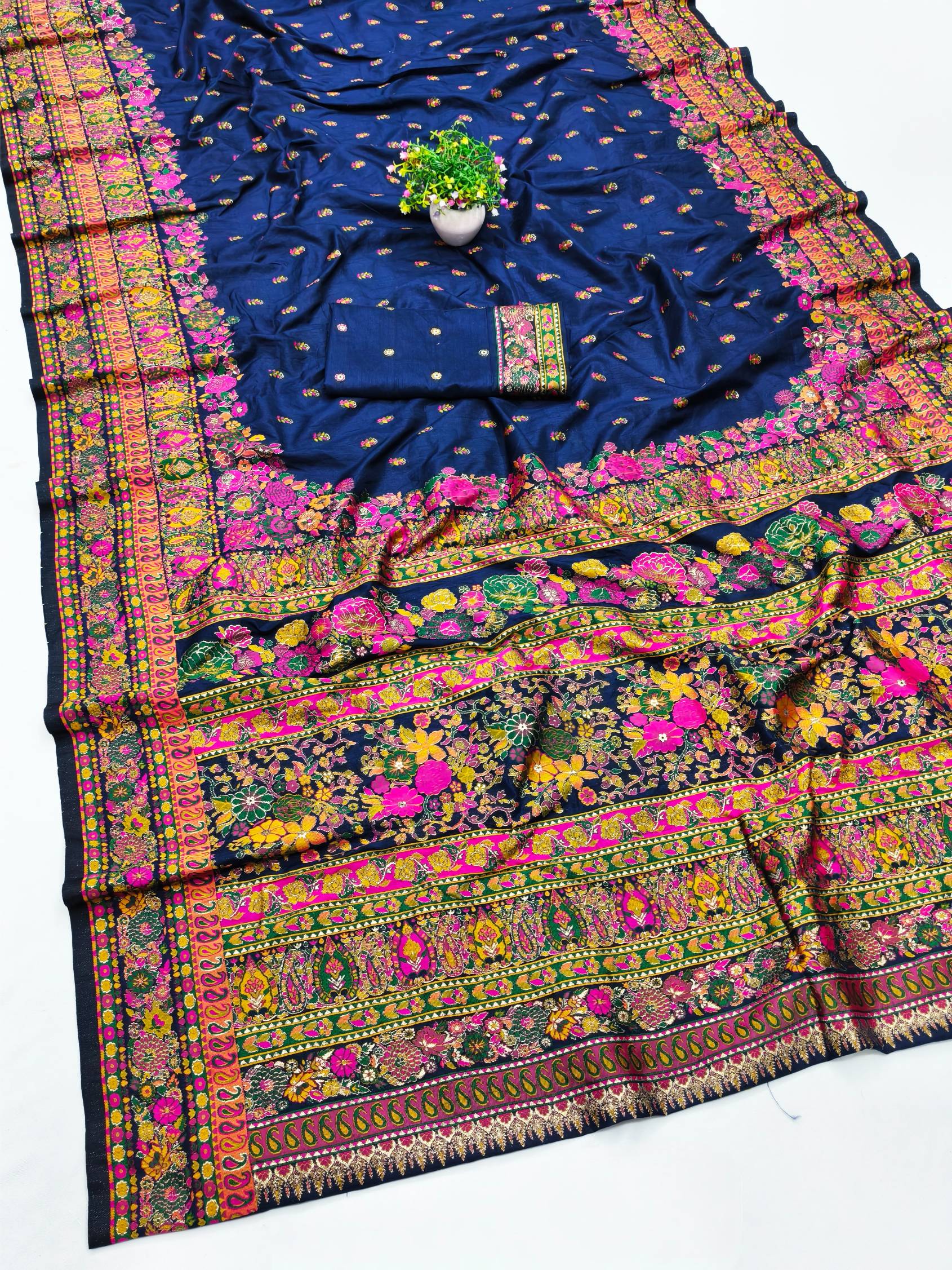 Nebula Navy Blue Nylon Dola Pashmina Saree With Evocative Blouse Piece