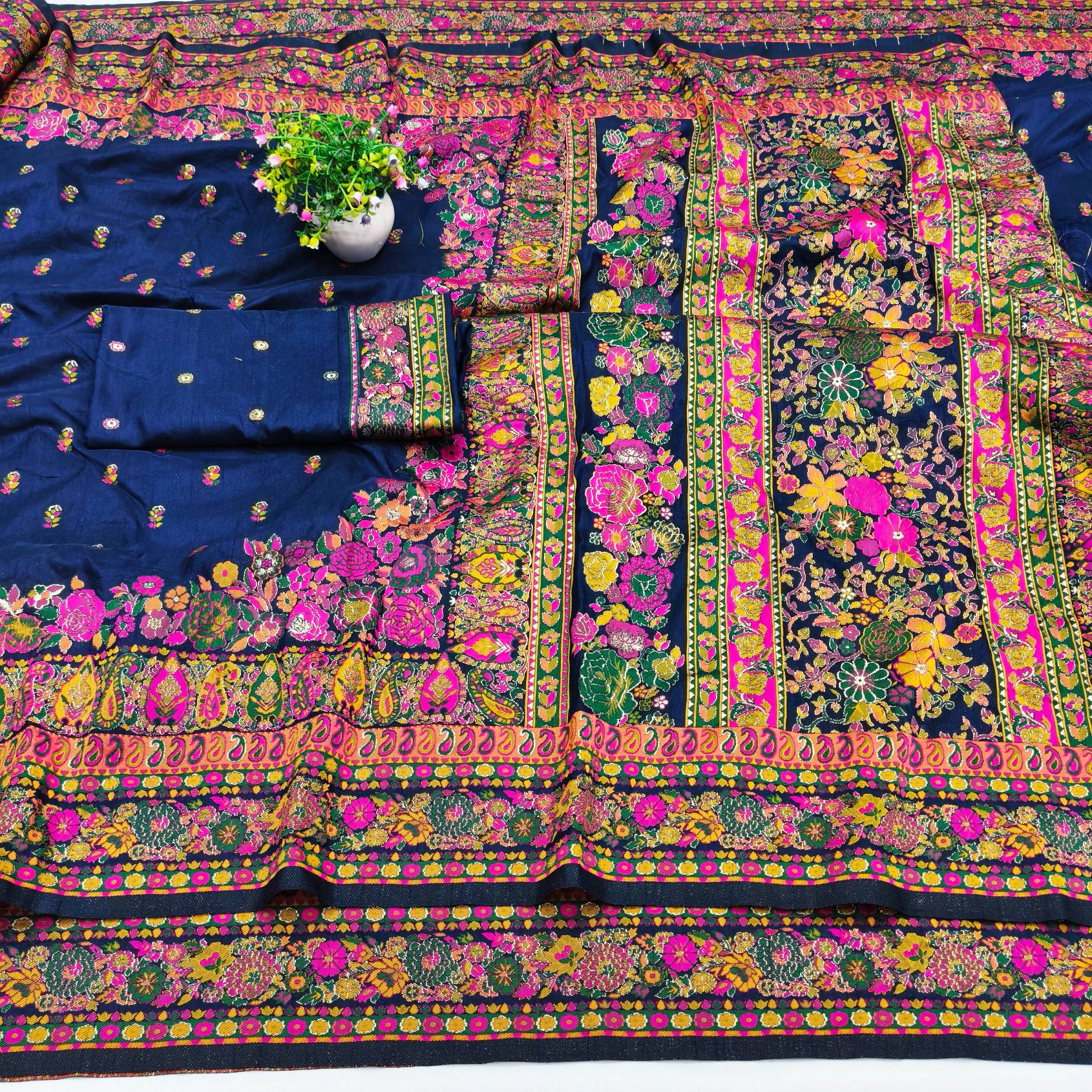 Nebula Navy Blue Nylon Dola Pashmina Saree With Evocative Blouse Piece