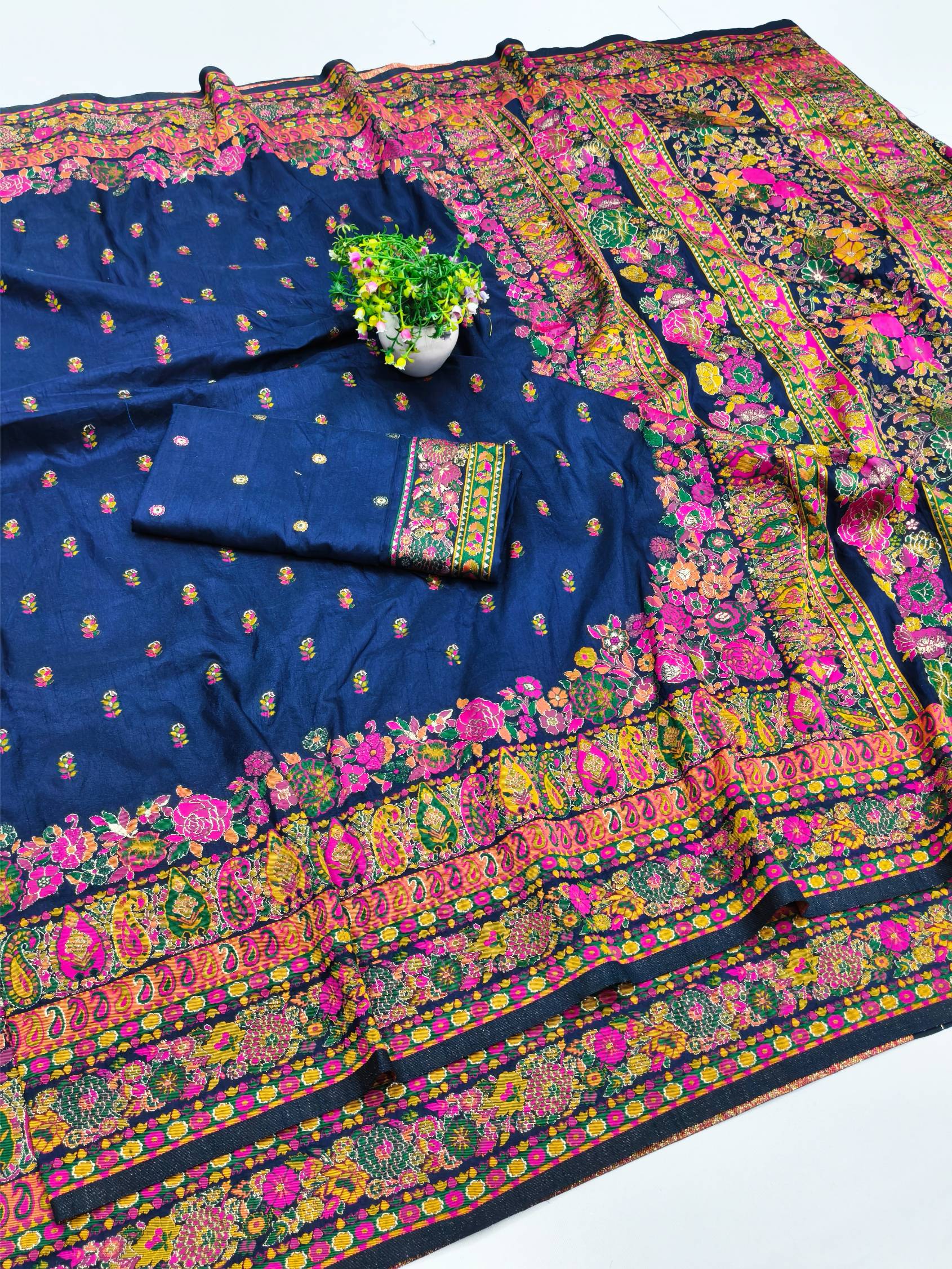 Nebula Navy Blue Nylon Dola Pashmina Saree With Evocative Blouse Piece