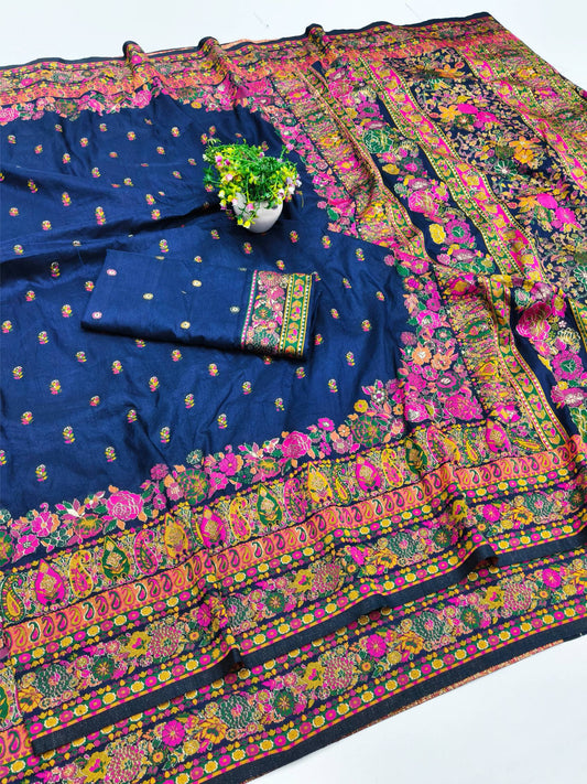 Nebula Navy Blue Nylon Dola Pashmina Saree With Evocative Blouse Piece
