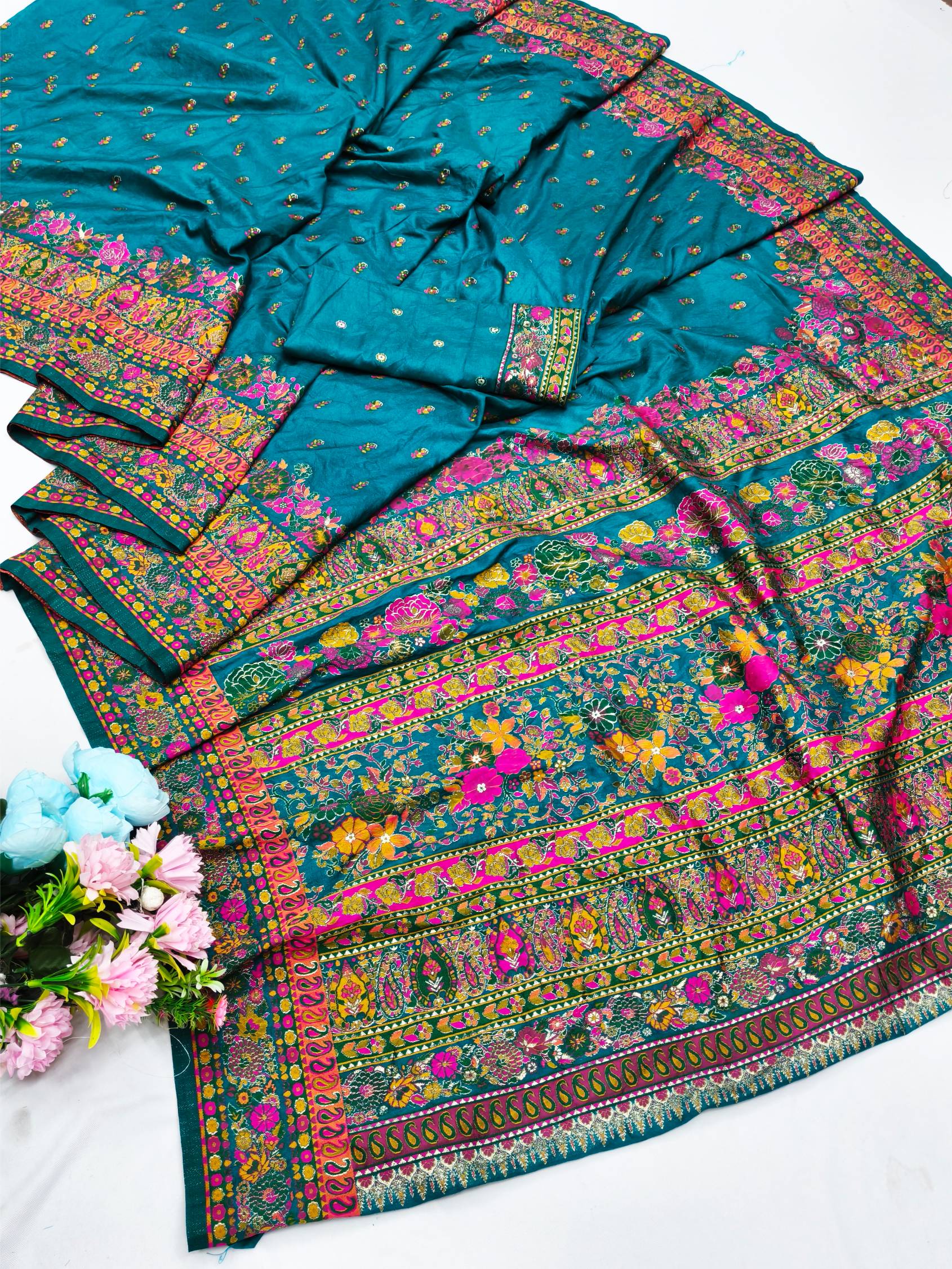 Designer Rama Nylon Dola Pashmina Saree With Fantabulous Blouse Piece