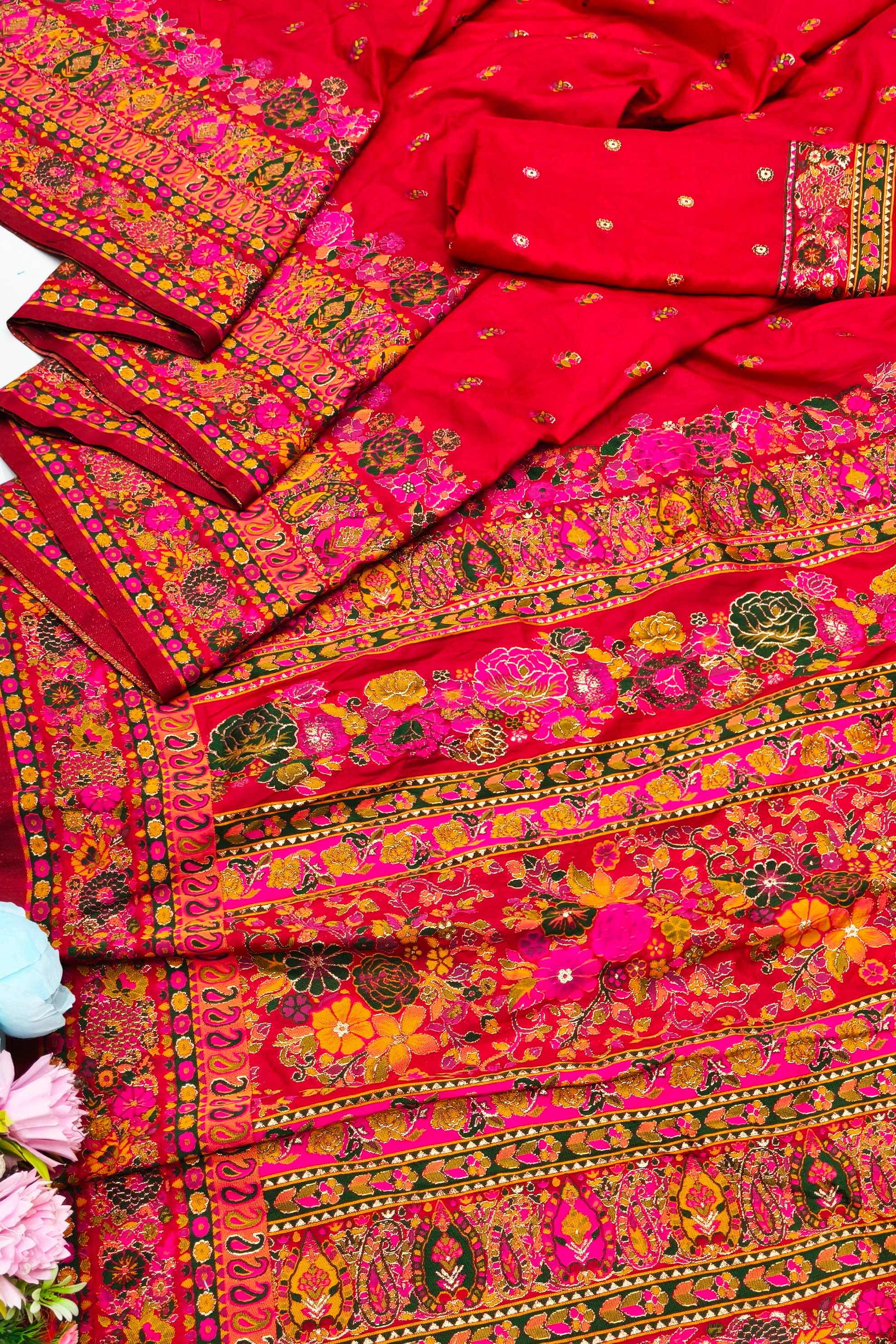 Sempiternal Red Nylon Dola Pashmina Saree With Energetic Blouse Piece