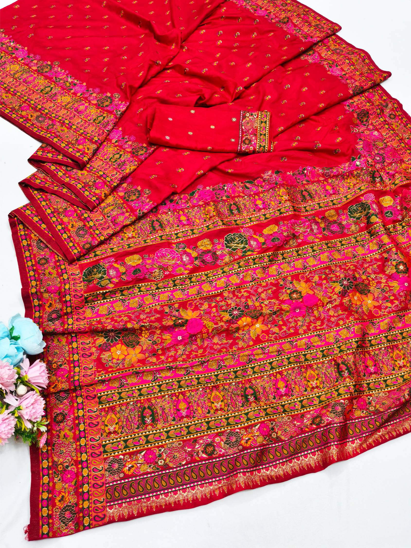 Sempiternal Red Nylon Dola Pashmina Saree With Energetic Blouse Piece