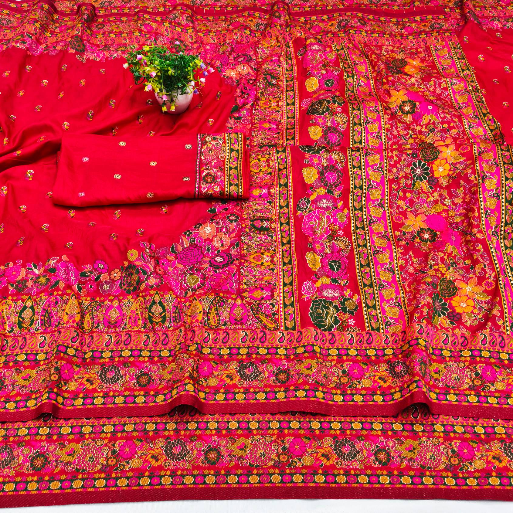 Sempiternal Red Nylon Dola Pashmina Saree With Energetic Blouse Piece