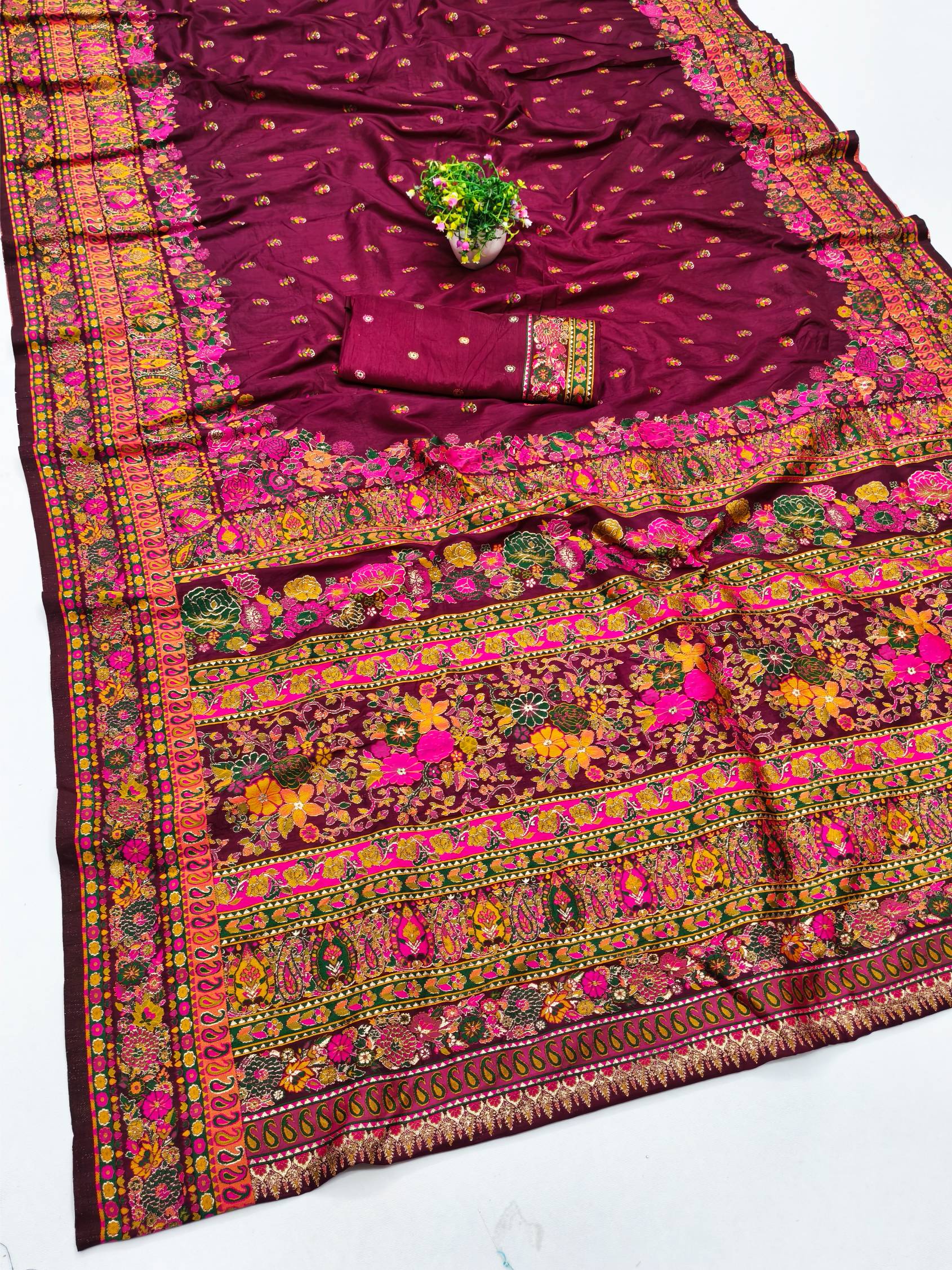 Ethereal Wine Nylon Dola Pashmina Saree With Eye-catching Blouse Piece