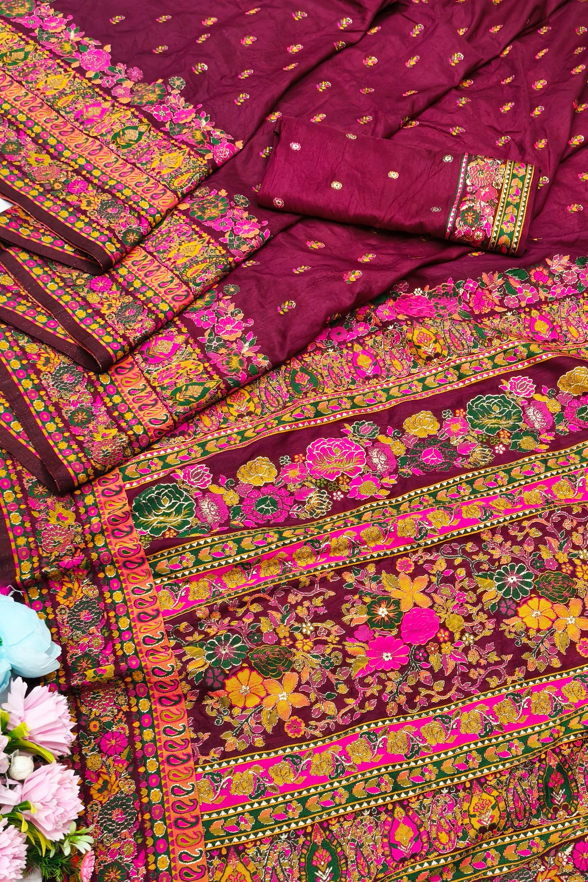 Ethereal Wine Nylon Dola Pashmina Saree With Eye-catching Blouse Piece