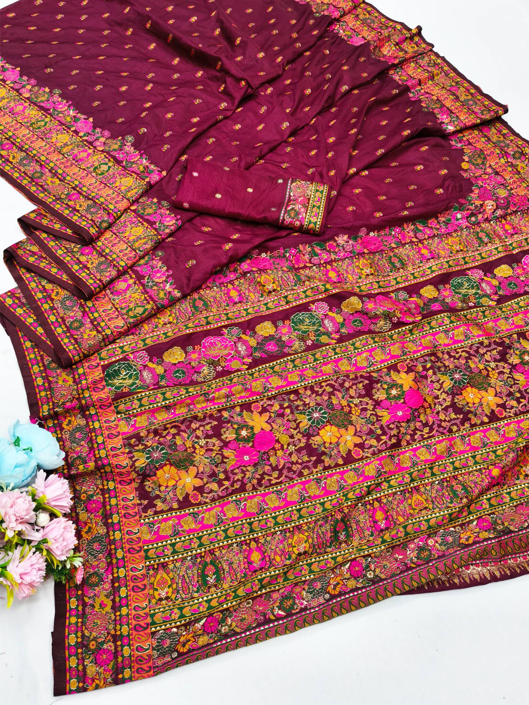 Ethereal Wine Nylon Dola Pashmina Saree With Eye-catching Blouse Piece