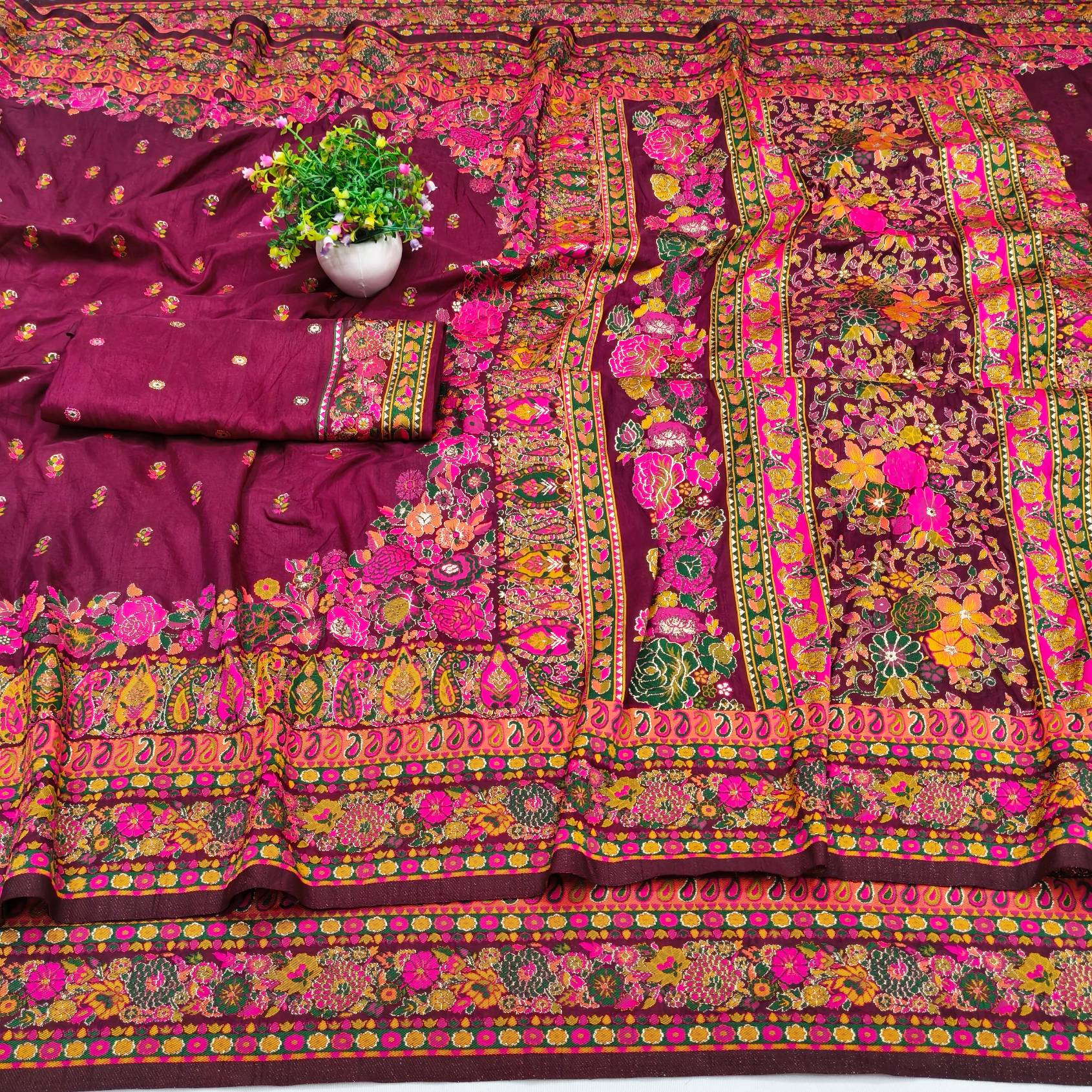 Ethereal Wine Nylon Dola Pashmina Saree With Eye-catching Blouse Piece