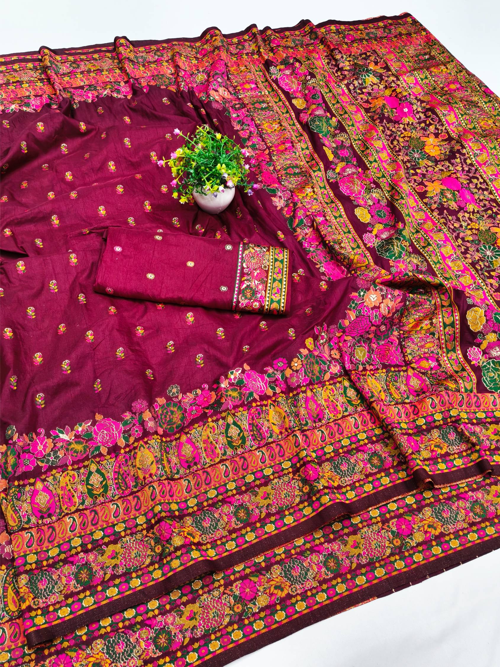 Ethereal Wine Nylon Dola Pashmina Saree With Eye-catching Blouse Piece