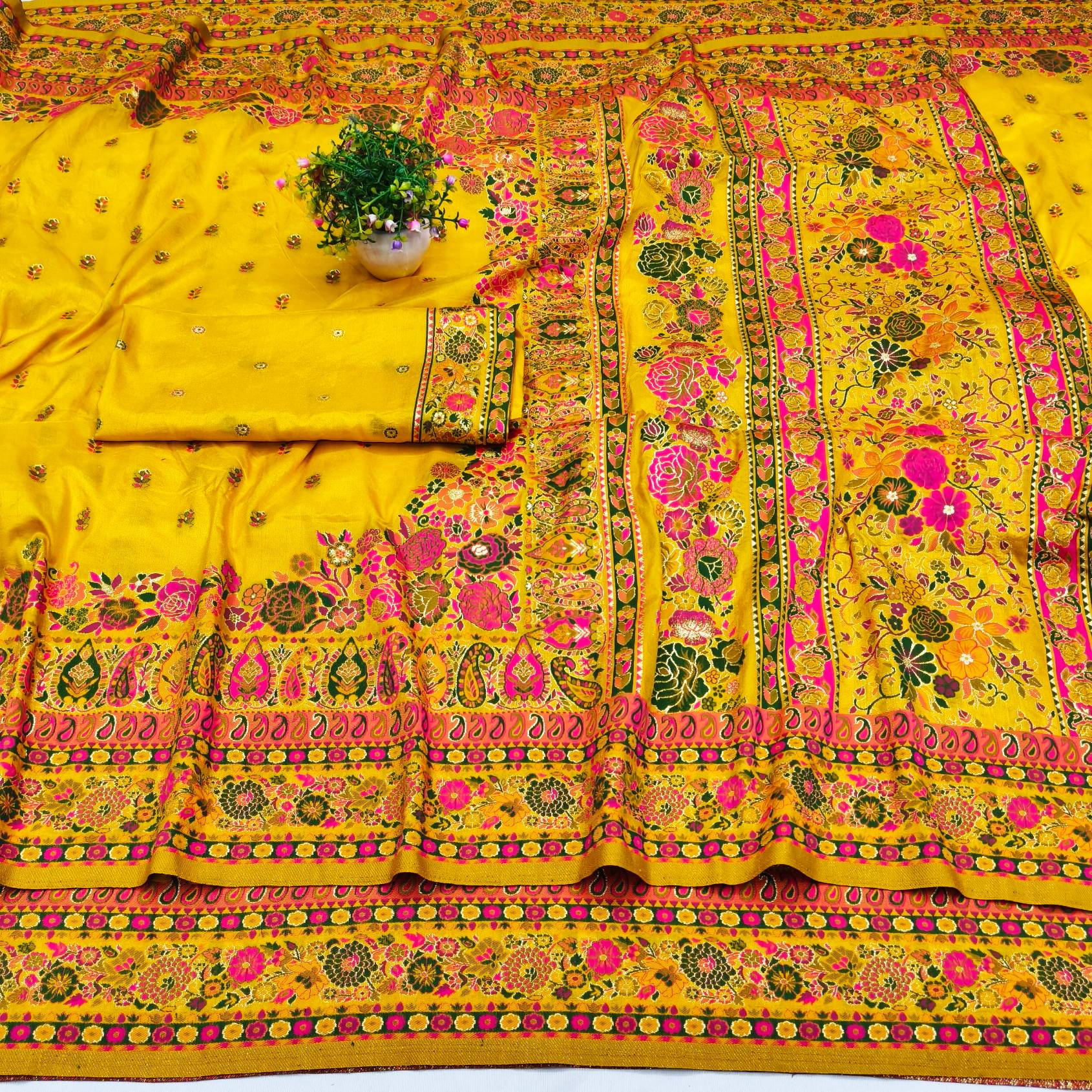 Stylish Yellow Nylon Dola Pashmina Saree With Fairytale Blouse Piece