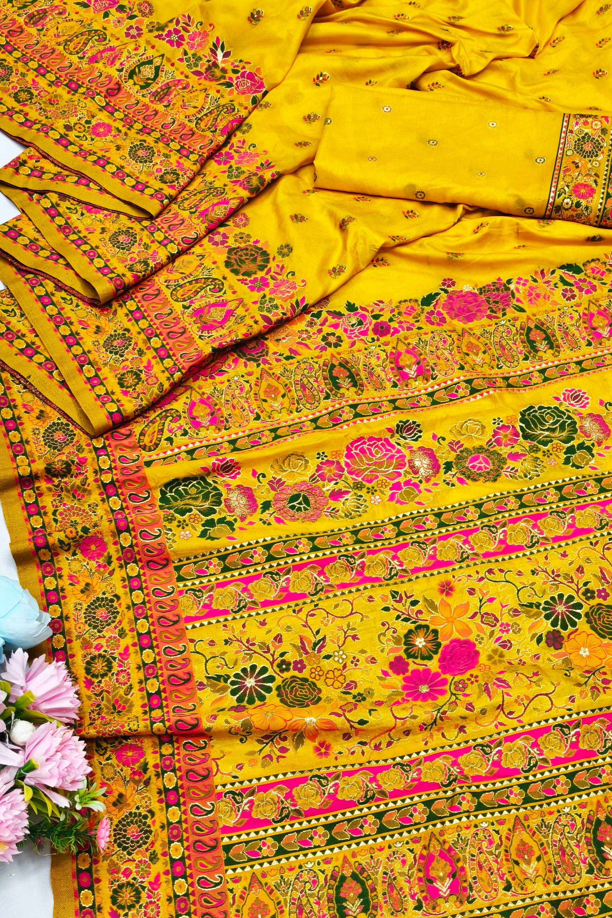 Stylish Yellow Nylon Dola Pashmina Saree With Fairytale Blouse Piece