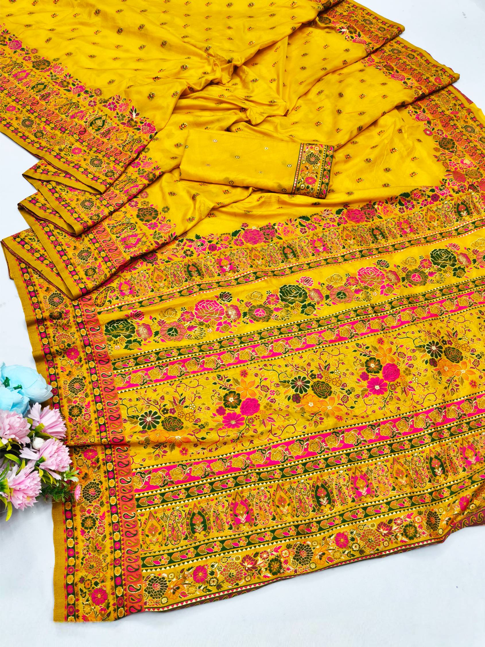 Stylish Yellow Nylon Dola Pashmina Saree With Fairytale Blouse Piece